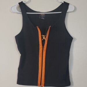 Womens V Twin Motorcycle Apparel Tank Top Size XL Tie Zip Front Black Orange Y2K